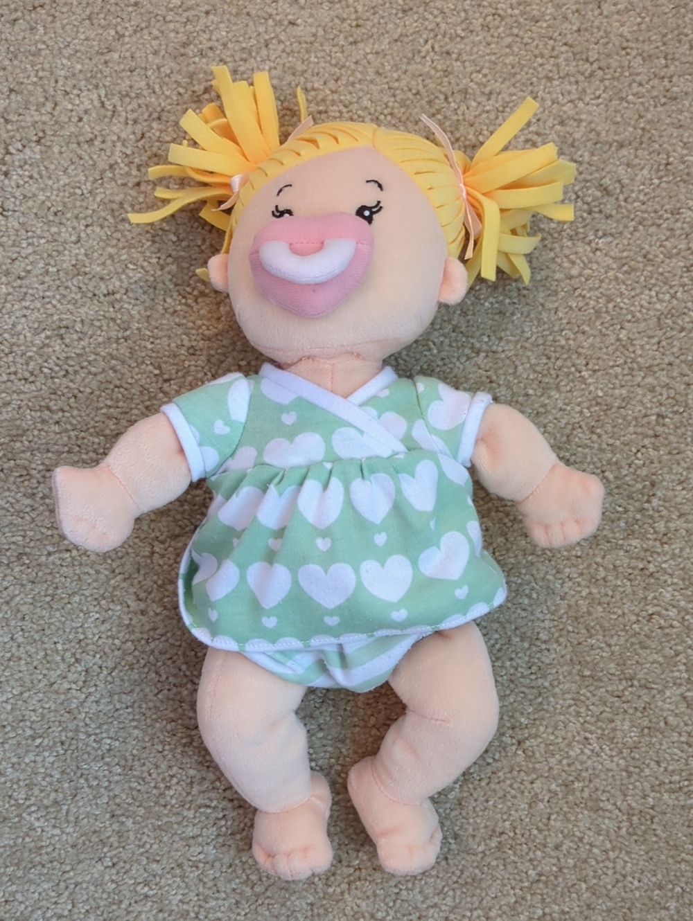 Plush Love, Stella Baby Doll in Green Heart Dress - Yellow-Haired Soft Toy